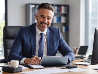 Obraz premium Success at His Fingertips: Business Leader Exudes Confidence in Modern Office