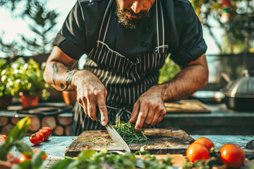 Chefs harvesting herbs and vegetables in a sunlit garden, preparing for a farm-to-table dining event. - obrazy, fototapety, plakaty