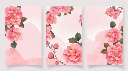 A pink textured floral brochure template with camellias and plum flowers.