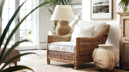 A woven rattan armchair with a plush cushion invites guests to sink in and kick back while a floor lamp with a shellencrusted base provides soft lighting for reading. The natural materials .