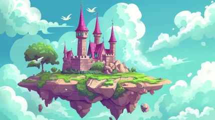 Foto auf Acrylglas Fantasy castle in sky cartoon landscape. Magic fairytale flying kingdom tower in fantasy heaven dream scene. Summer green and rock scenery with boulder platform UI game. © Mark