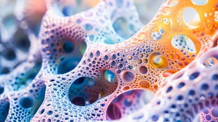 Abstract microscopic view of colorful porous structure with interconnected holes and gradients, resembling a biological or synthetic sponge-like material. - obrazy, fototapety, plakaty