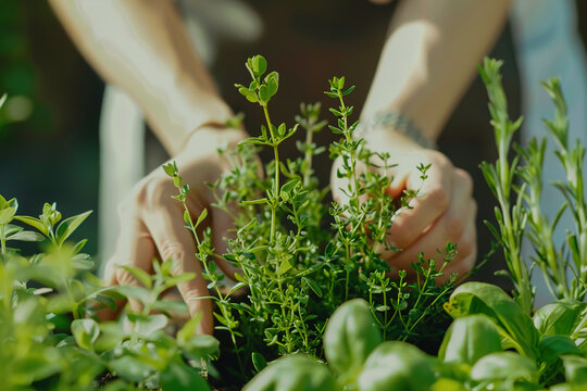 Chefs harvesting herbs and vegetables in a sunlit garden, preparing for a farm-to-table dining event.