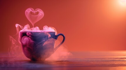 A steaming cup of coffee surrounded by red smoke gives off a warm summer morning vibe in an expressive shot