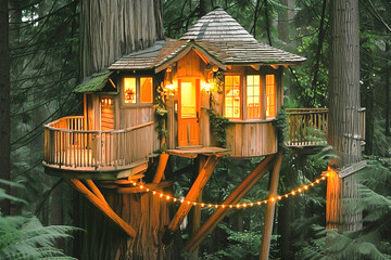 Luxury treehouse resort offering secluded accommodations and eco-friendly amenities in natural settings. - obrazy, fototapety, plakaty