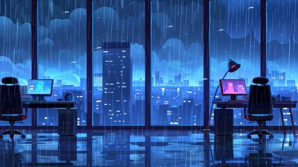 Office with large windows, desktop computers, armchairs for working and relaxing, gloomy urban view, showers pouring down from cloudy sky. Modern cartoon illustration.