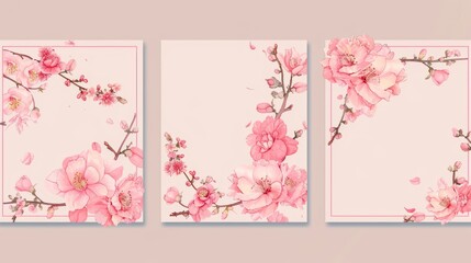 Fototapeta na wymiar This template set features pink floral squares with camellias and plum flowers