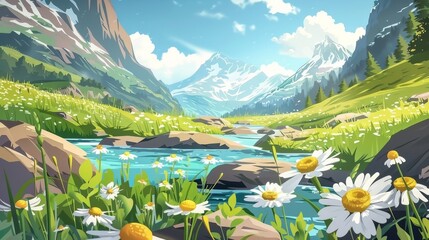 Landscape view of a mountain river and the meadows of an alpine meadow with stream water. Beautiful spring valley with chamomile flowers and grass in close proximity to the rock range.