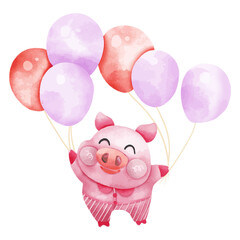 Watercolor cute pig with balloons. Happy New Year. Vector illustration.