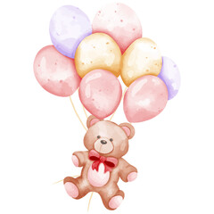 Cute teddy bear with balloons. Watercolor illustration on white background.