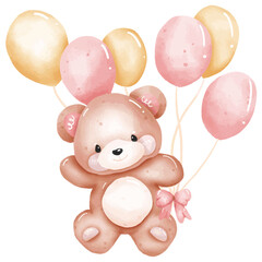 Cute teddy bear with balloons. Watercolor illustration on white background.