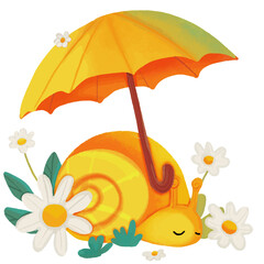 Illustration of a snail with an umbrella and flowers on a white background