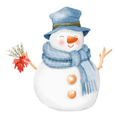 Watercolor snowman in hat, scarf and mittens isolated on white background.