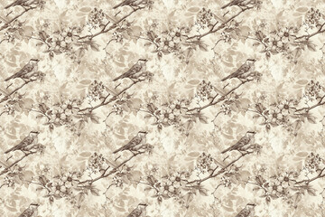 Sepia bird and floral branches pattern on vintage paper