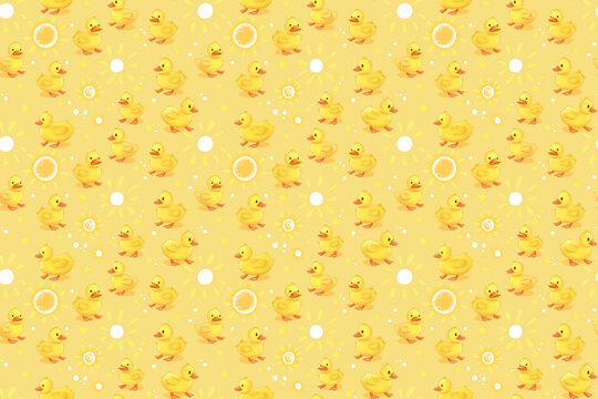 Joyful yellow ducklings pattern with sun and bubbles