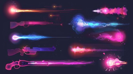 The gunshot flash trace is a cartoon modern illustration set of various VFX laser light and spark glow trails for an explosion of a wonderful weapon.