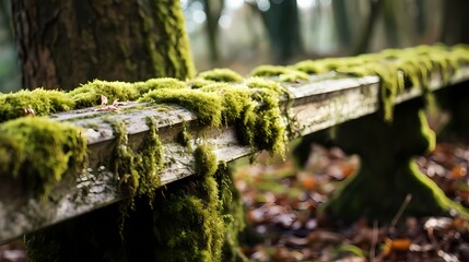 A close-up of a weathered wooden bench in a peaceful park, with moss growing in the cracks