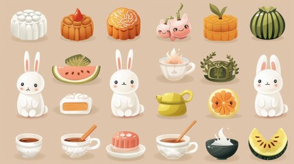 Isolated on beige background, this Mid Autumn Festival element set includes white bunnies, mooncakes, pomelo, and a cup of tea.
