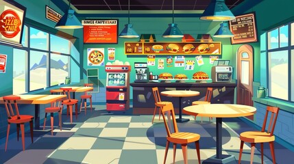 Modern cartoon illustration of pizzeria interior with tables and chairs, menu board, coffee machine, oven, cash register on counter, burgers on shelf, posters on wall. - obrazy, fototapety, plakaty