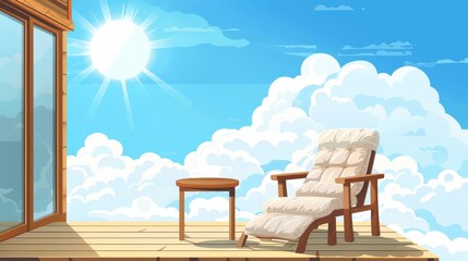 An airy wood terrace with table and armchair above cloudy skies and sun. A cartoon patio or balcony with furniture for relaxation. A modern high-rise apartment or hotel penthouse with a deck for - obrazy, fototapety, plakaty
