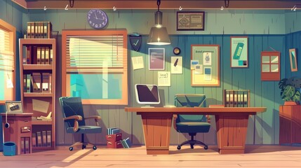 Illustration of a detective office inside a police station. Evidence board on the wall, computer on wooden desk, armchair, folders with case documents on shelf, daylight in window. - obrazy, fototapety, plakaty