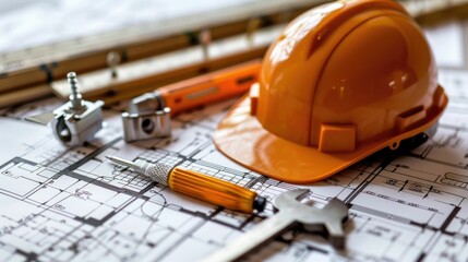 Construction Industry Standards Ensure and Compliance with Blueprint Hardhat and Tools on Site