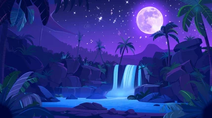 Fototapeten Night time tropical landscape with cascade waterfall in jungle under starry sky and full moon light. Cartoon modern illustration with river water fountain flowing over cliff with palm trees. © Mark