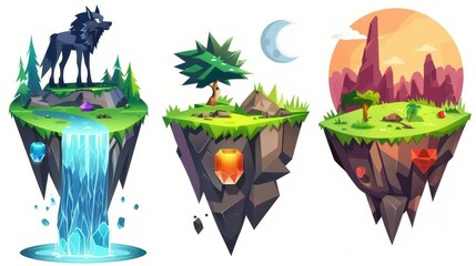 An isolated illustration of flying islands, floating rocks with gemstones, green land with a forest and waterfall, wolf howling at moonlight on ice.