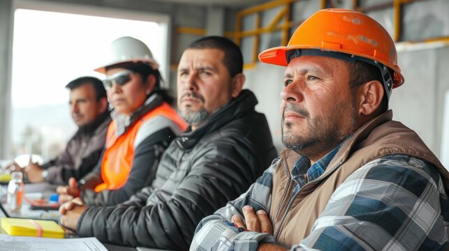 Construction Workers Discussing Union Rights and Safety Measures in Industrial Workplace Meeting