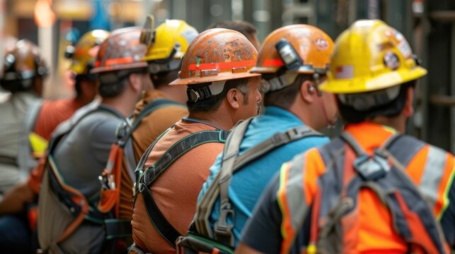 Construction workers union meeting discussing job safety and employee rights at work site