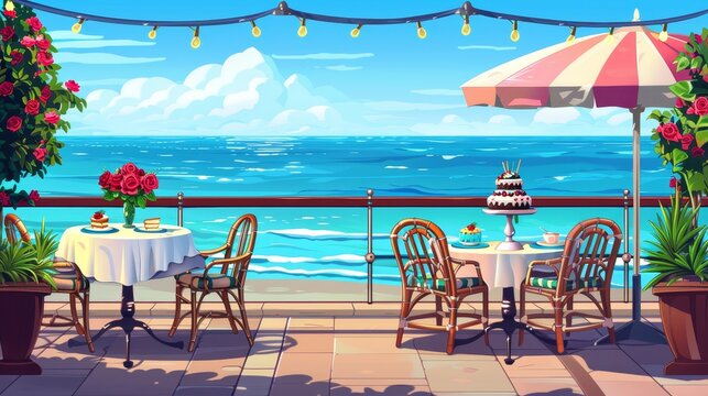 An outdoor cafe on a seaside terrace overlooking the ocean. Cartoon seaside restaurant with roses in a vase and cake on the table. Chairs with plaid, umbrella, and plants along the shore.