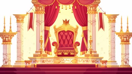 A regal throne isolated on a white background, with a luxury armchair, red velvet curtains, a chandelier, a pillar and a banner. Modern illustration of a royal palace interior, including a luxury