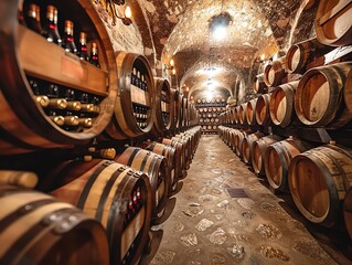 Obraz premium Underground wine cellar packed with wooden barrels and rare wine collections, dimly lit with spotlight accents creating an intimate atmosphere