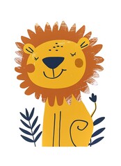 Cute flat lion. Sticker Clipart. AI generated.