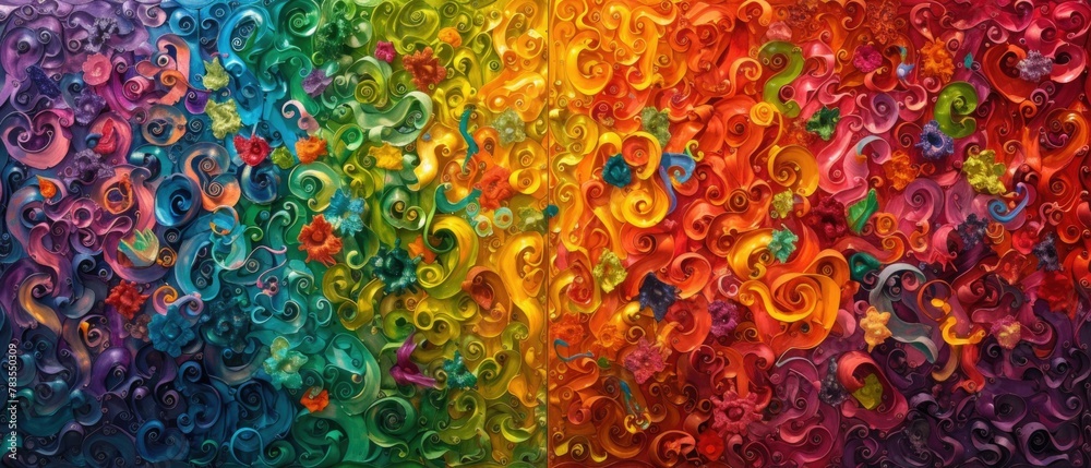 Wall mural A colorful painting of a rainbow swirls with many different colors. AI.