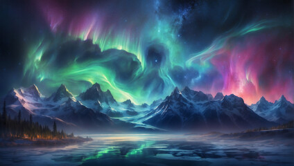 Layers depicting the ethereal beauty of shimmering auroras dancing across the night sky. - obrazy, fototapety, plakaty