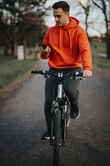 A casual young man pauses his bike ride to check his smart phone in a serene park setting.