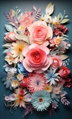 A large arrangement of paper flowers on a blue background. AI.