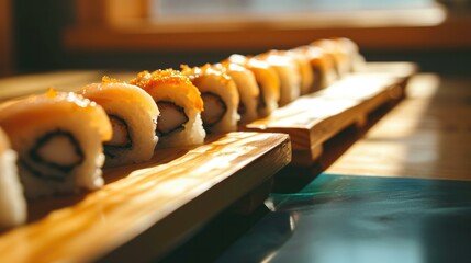 A row of sushi rolls on a wooden tray with some sauce. AI. - Powered by Adobe