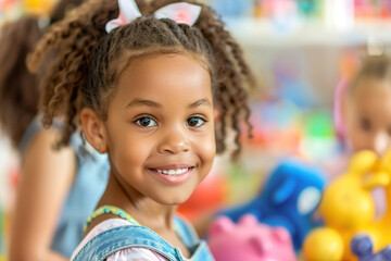 Busy toy store with colorful displays, interactive toys, and children excitedly choosing playthings.