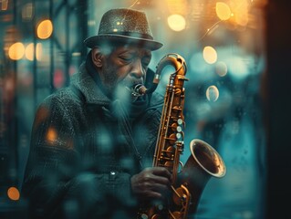 A man playing a saxophone in the rain outside. AI. - obrazy, fototapety, plakaty