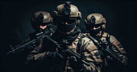 Three soldiers in full gear with their guns pointed at the camera. AI. - obrazy, fototapety, plakaty