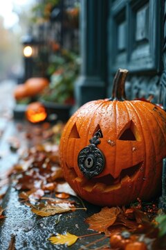 A pumpkin carved into the shape of a jack-o'-lantern sits on top of leaves. AI.