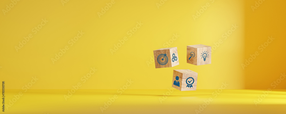 Wall mural woods block step on table with icon action plan, goal and target, success and business target concep
