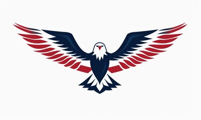 A red, white and blue eagle with wings spread out. AI.