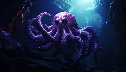 An octopus is shown in a dark cave with purple tentacles. AI. - obrazy, fototapety, plakaty