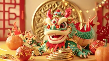 Naklejka premium Chinese New Year poster. Dragon of wealth laying on top of giant coin. Dragons in folk outfits next to tangerine and mahjong in the background on yellow radial background. Text: Dragon brings