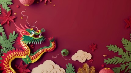 Obraz na płótnie Canvas Dragon, dragon dance costume, performers, lanterns, fireworks, firecrackers, cloud and pine leaves bush isolated on burgundy red background.