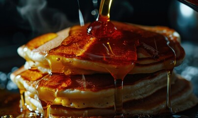 A stack of pancakes with syrup being poured over them. AI.