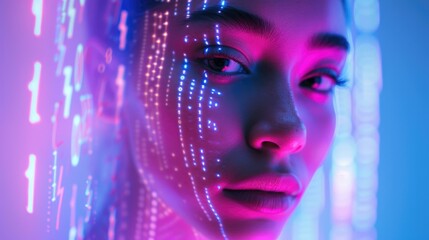 A woman with a glowing face and neon lights. AI.